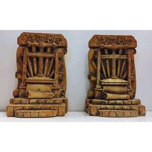 Vtg Pair Syroco Wood Ye Print Shop Printing Press Bookends Faux Carved Wood